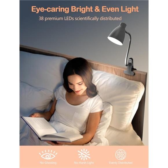 Desk Lamp 3 Color Modes 10 Brightness Dimmer Reading Light 10W 38 LED Clamp Lamp - Picture 4 of 7
